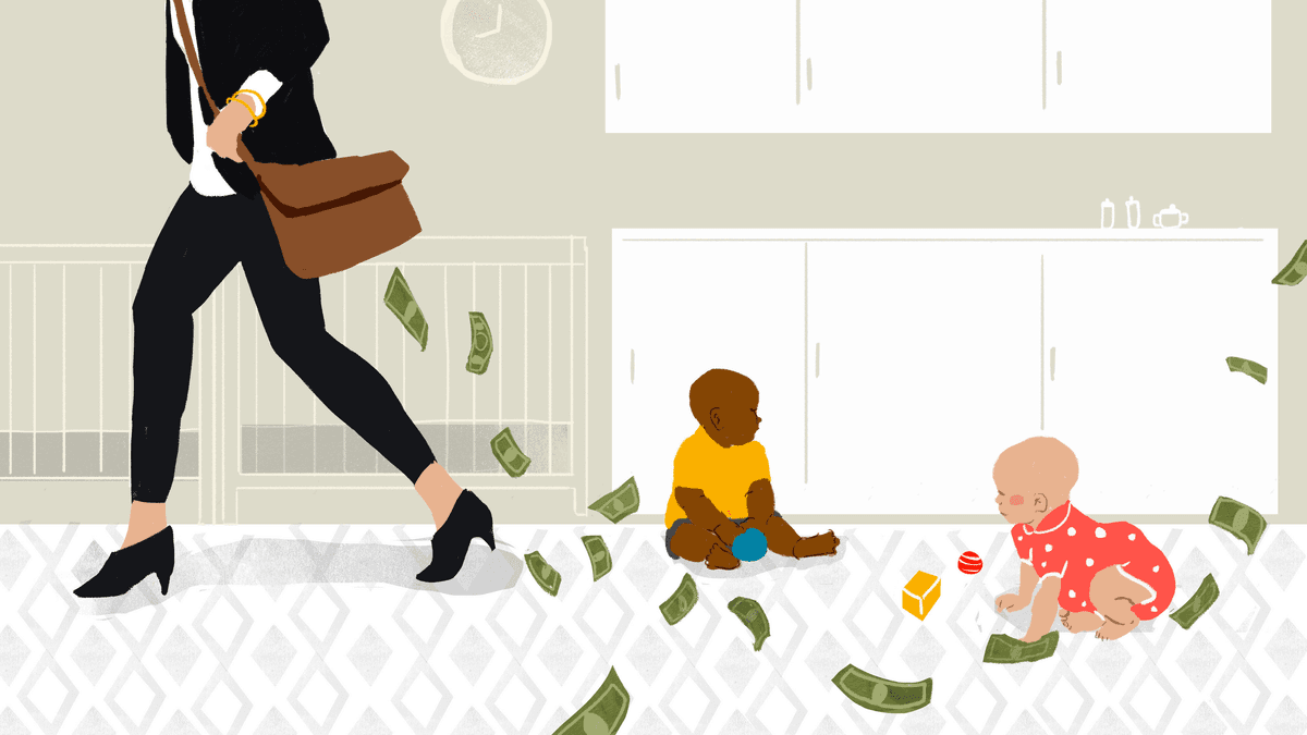 illustration of money falling from a bag towards children playing